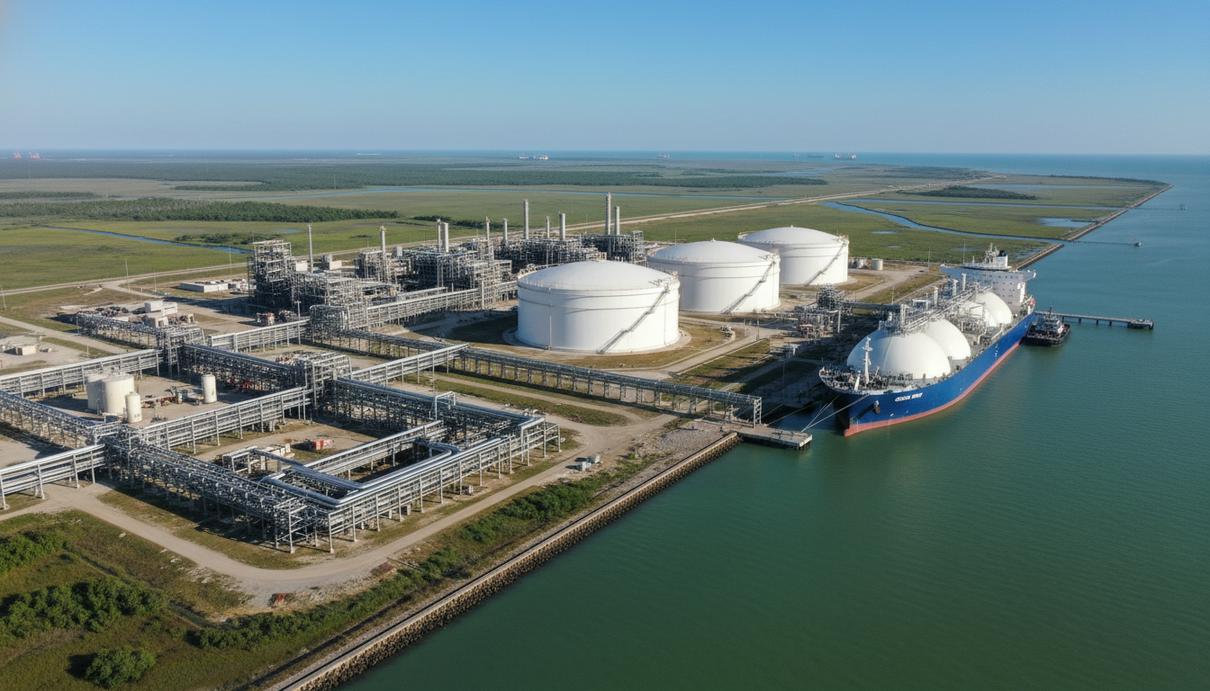 Промышленный терминал сжиженного природного газа с резервуарами и танкером у причала