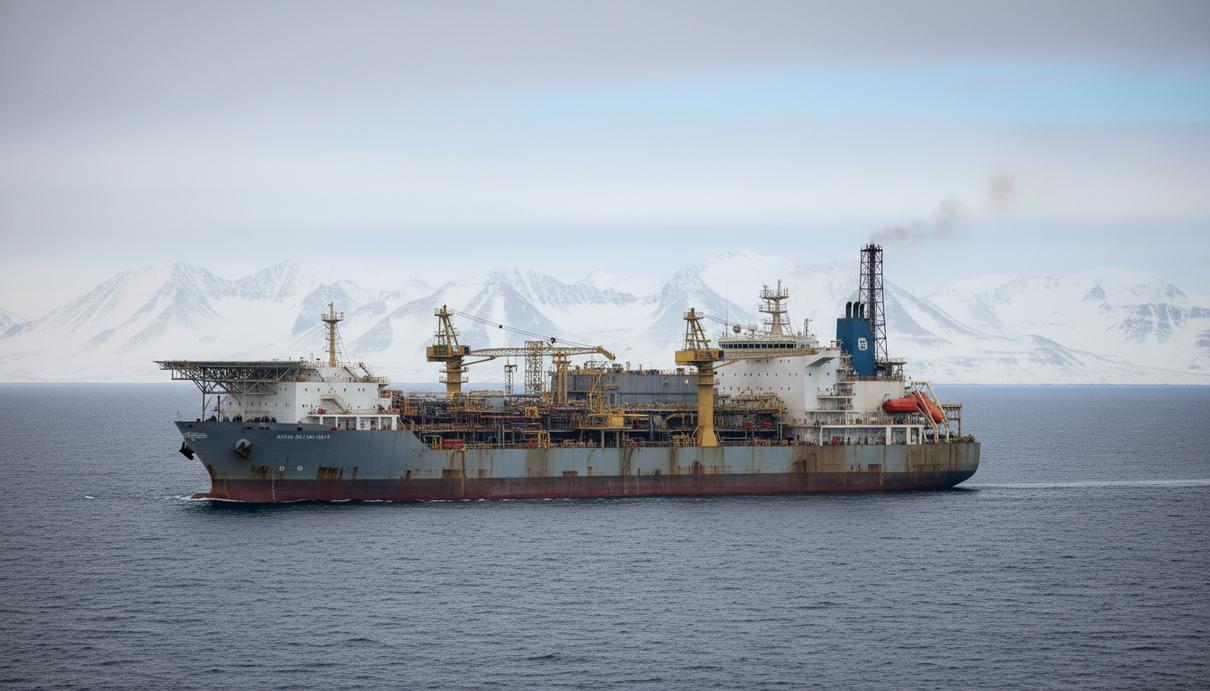 Крупное промышленное судно для добычи нефти в северном море на фоне заснеженного горизонта.