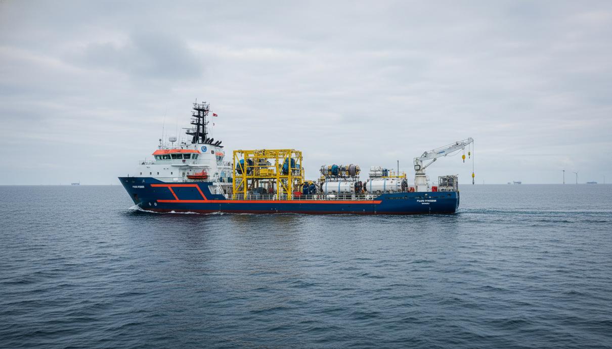 Fugro проведет обследование энергомоста между Великобританией и Францией Специализированное судно Fugro Frontier в Северном море во время обследования подводного кабеля.