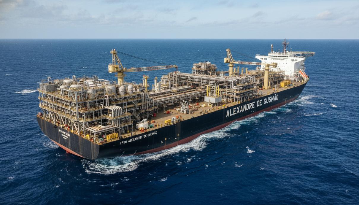 Плавучая нефтедобывающая установка и промышленное оборудование в океане у берегов Бразилии