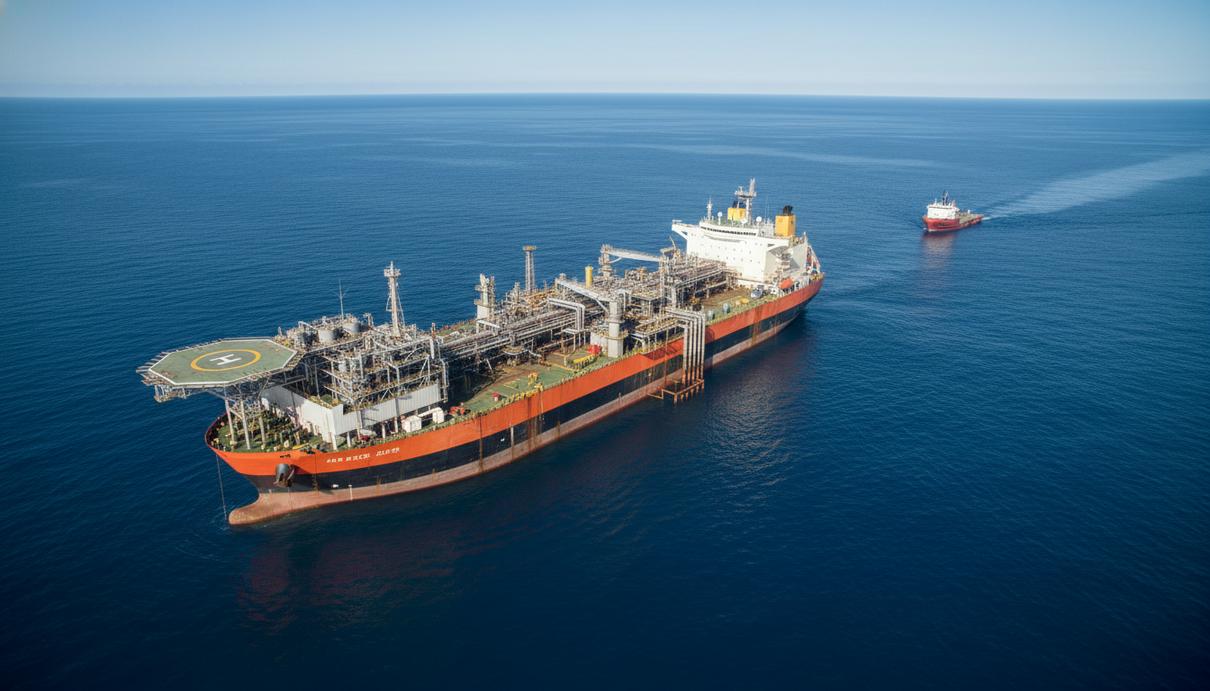 Крупное промышленное судно для добычи нефти в открытом море на фоне ясного неба.