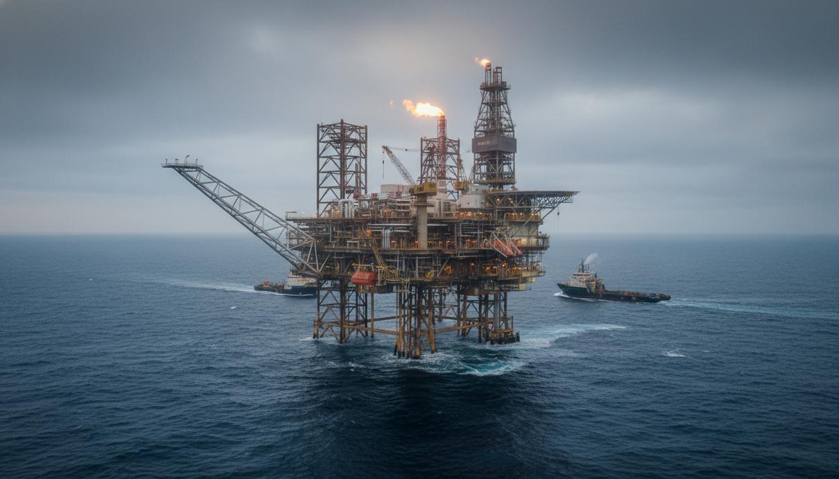 Промышленная газовая платформа в открытом море на фоне пасмурного неба и темной воды.