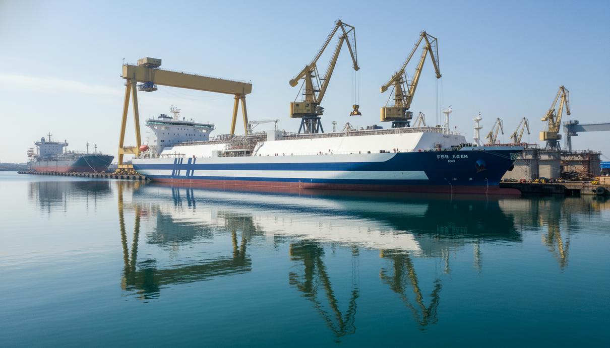 Крупное судно-терминал FSRU на воде у причала современного судостроительного завода под открытым небом.