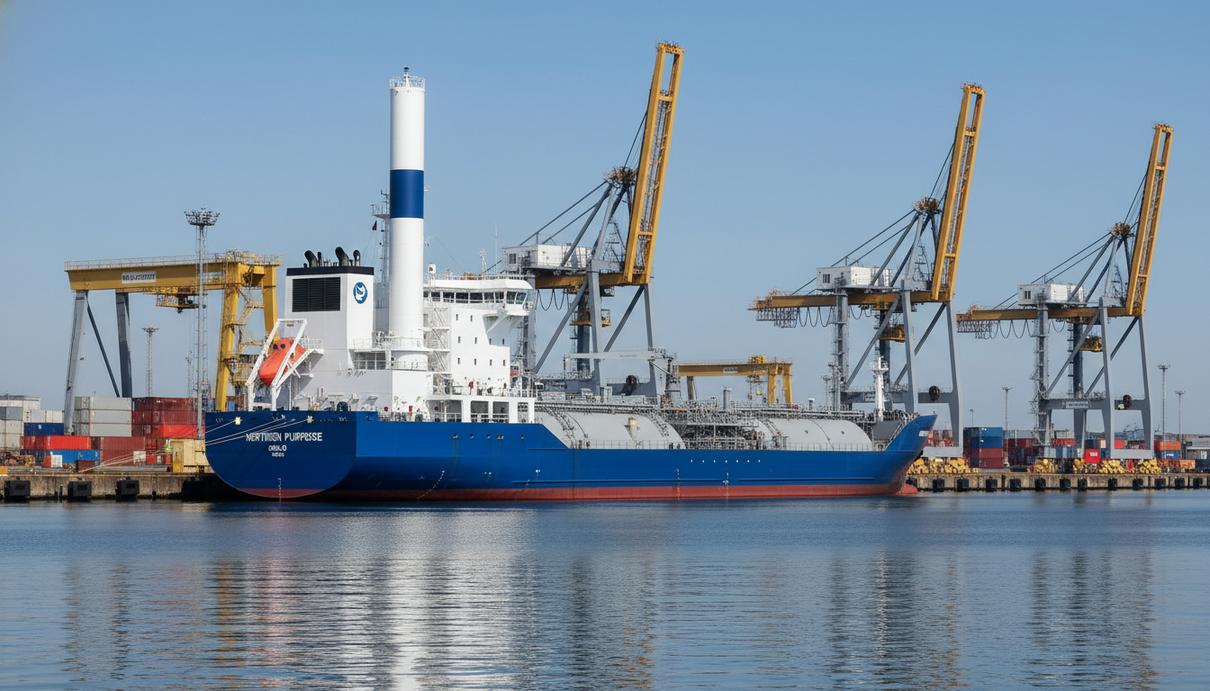 Танкер для перевозки сжиженного углекислого газа Northern Purpose у причала судостроительного завода в Китае.