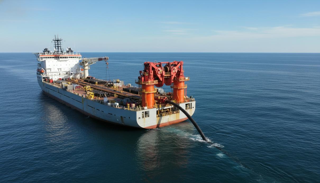 Трубоукладочное судно в открытом море осуществляет укладку подводного газопровода