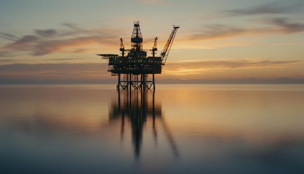 Нефтяная буровая платформа на шельфе в открытом море на закате.
