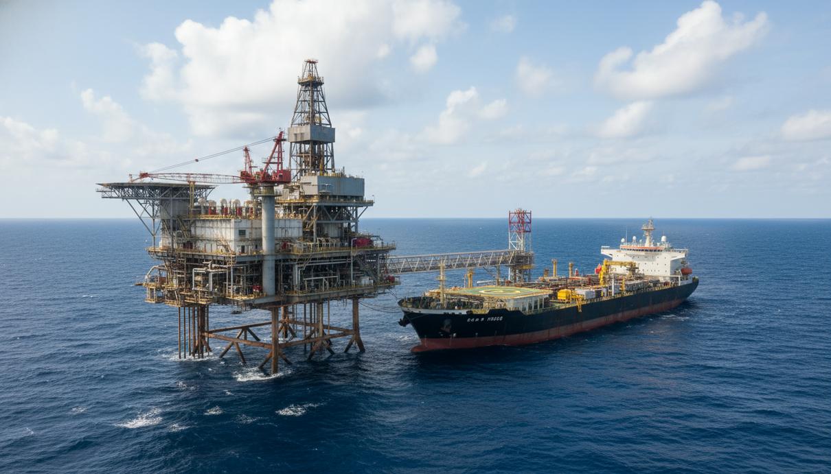 Промышленное судно для добычи нефти и буровая платформа в открытом море под дневным небом