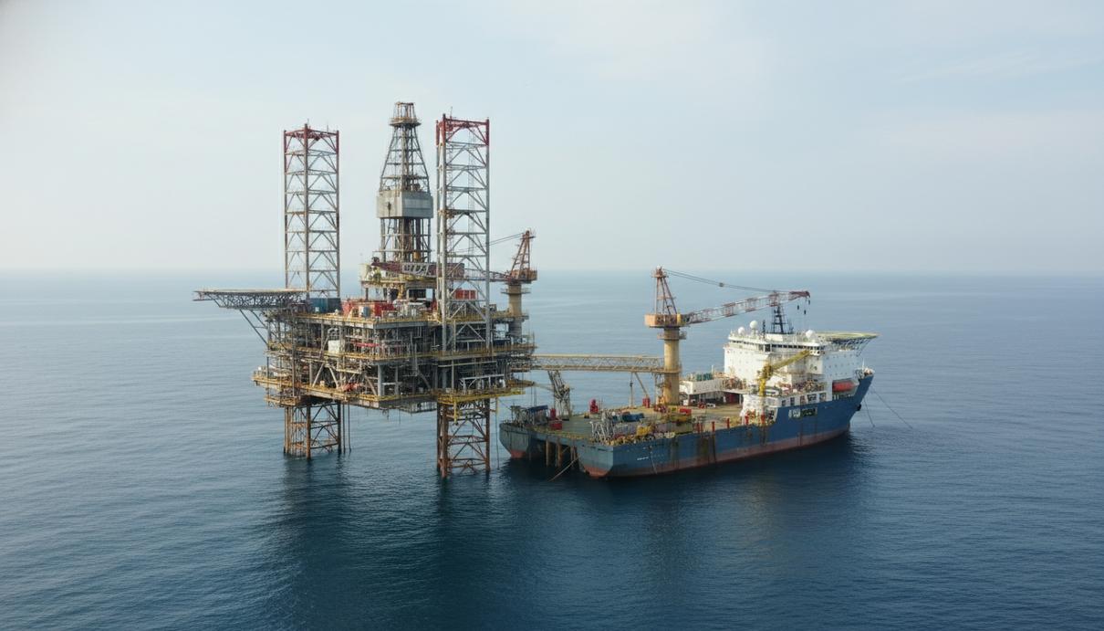 Специализированное судно у морской платформы в открытом море во время технических работ.