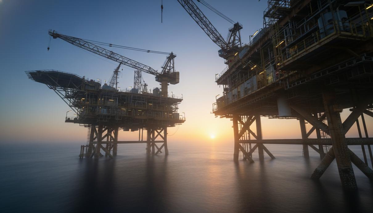 Нефтяная платформа в Северном море на фоне вечернего неба и спокойной воды