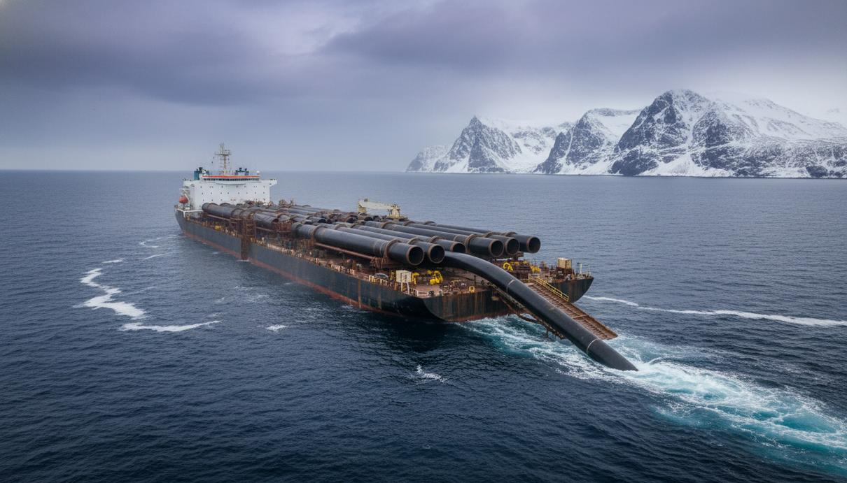 Subsea7 построит газопровод на месторождении Голиат в Баренцевом море Судно для укладки труб в северных водах Баренцева моря на фоне заснеженных скал Норвегии.