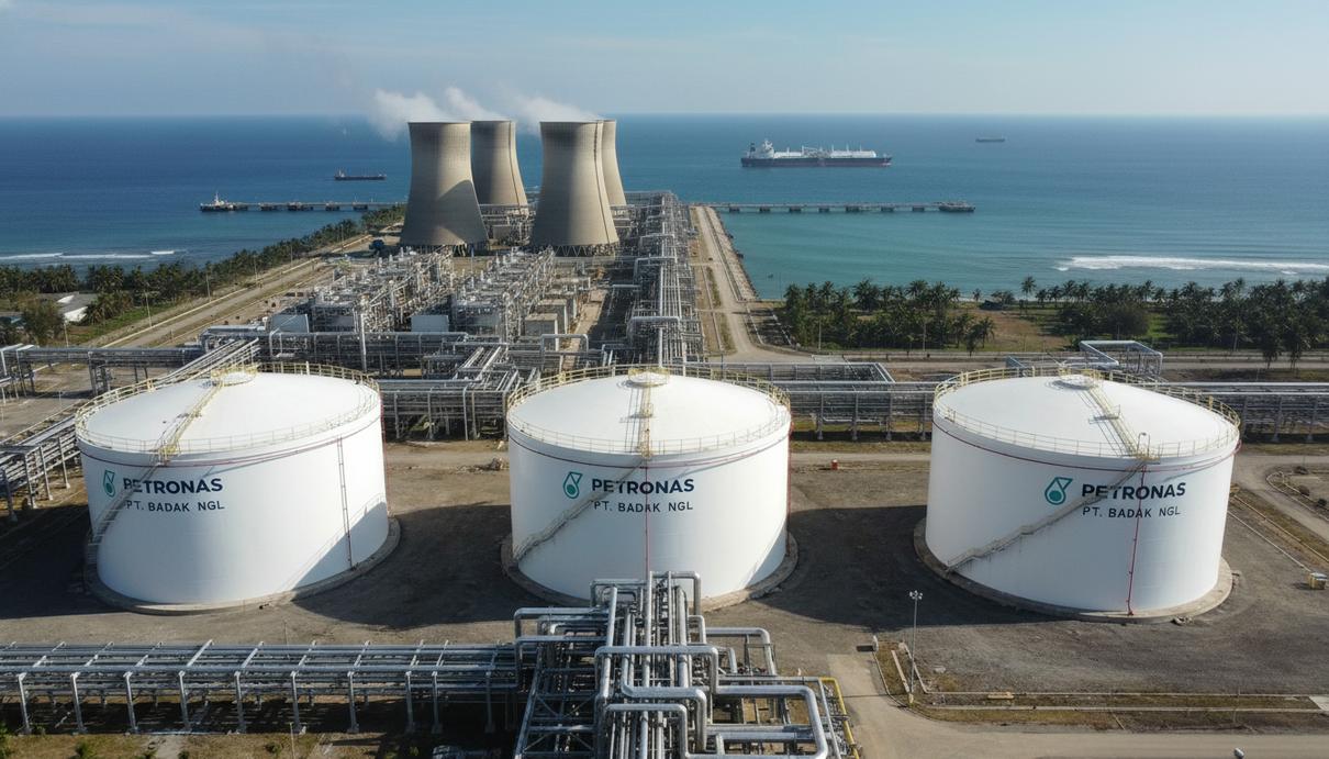 Eni заключила соглашения на поставку 2 млн тонн СПГ в год из Индонезии Промышленный вид на СПГ-терминал Бонтанг в Индонезии с резервуарами для хранения и трубопроводами