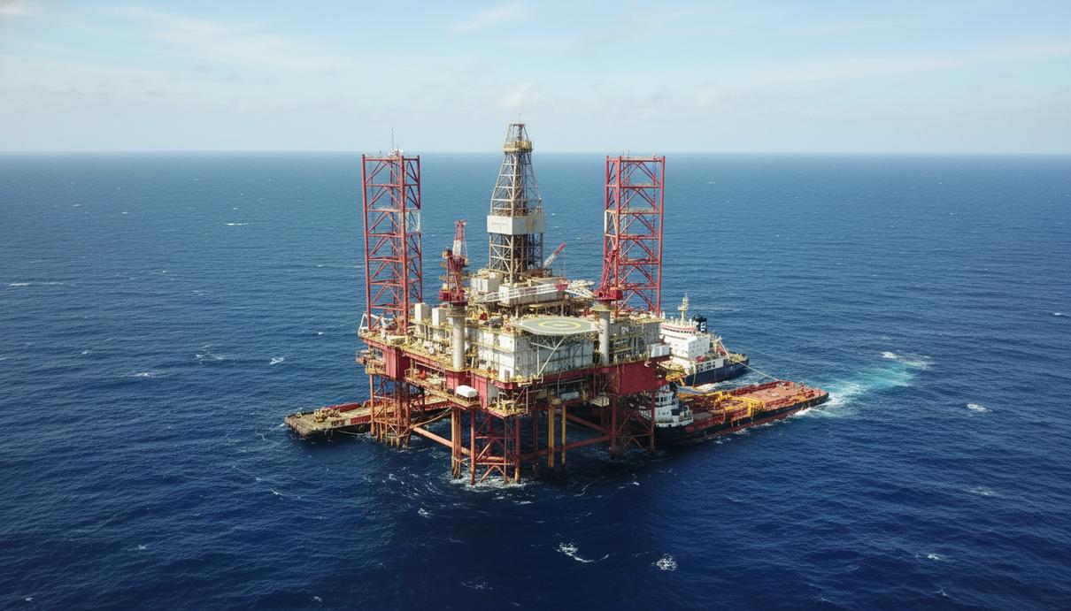 QatarEnergy выходит на шельф Уругвая и расширяет проекты в Средиземноморье Буровая платформа в открытом океане на фоне облачного неба во время добычи нефти на шельфе