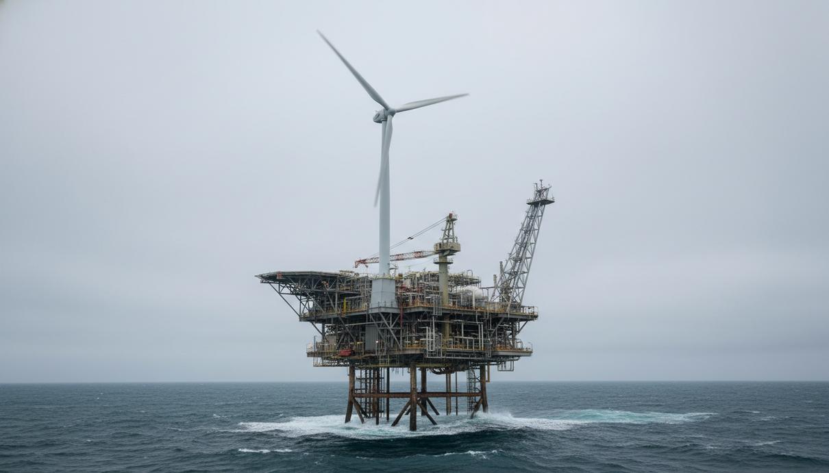 Perenco возобновила добычу газа на месторождении Davy в Северном море Морская газовая платформа в Северном море с установленным на ней ветрогенератором на фоне пасмурного неба