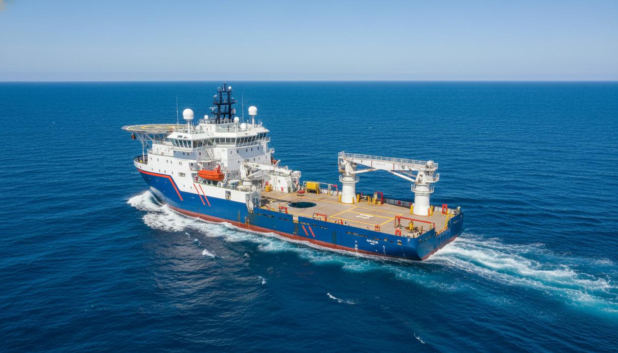 Современное морское судно обеспечения в открытом океане для проведения глубоководных работ на шельфе