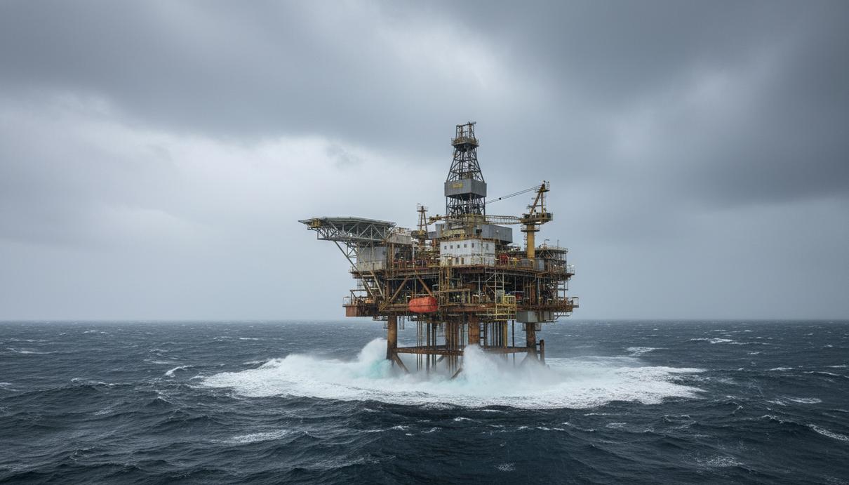 Буровая нефтяная платформа в открытом Северном море во время шторма под пасмурным небом.