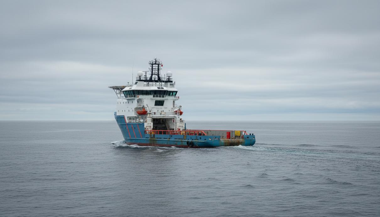 Судно снабжения Viking Avant в открытом море на фоне пасмурного неба