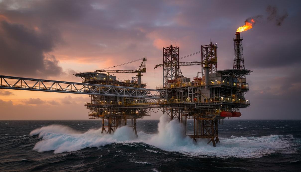 Морская нефтяная платформа в Северном море на фоне вечернего неба и волн