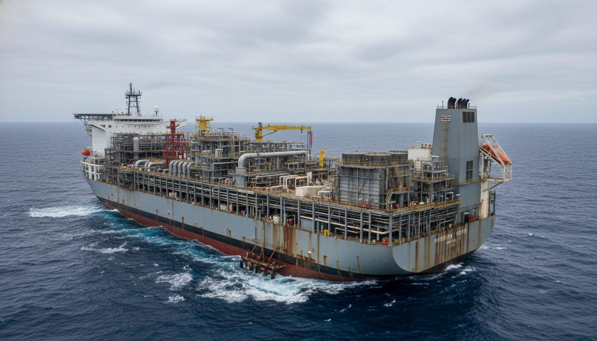 Плавучая нефтедобывающая платформа FPSO в открытом море с технологическими трубопроводами на палубе