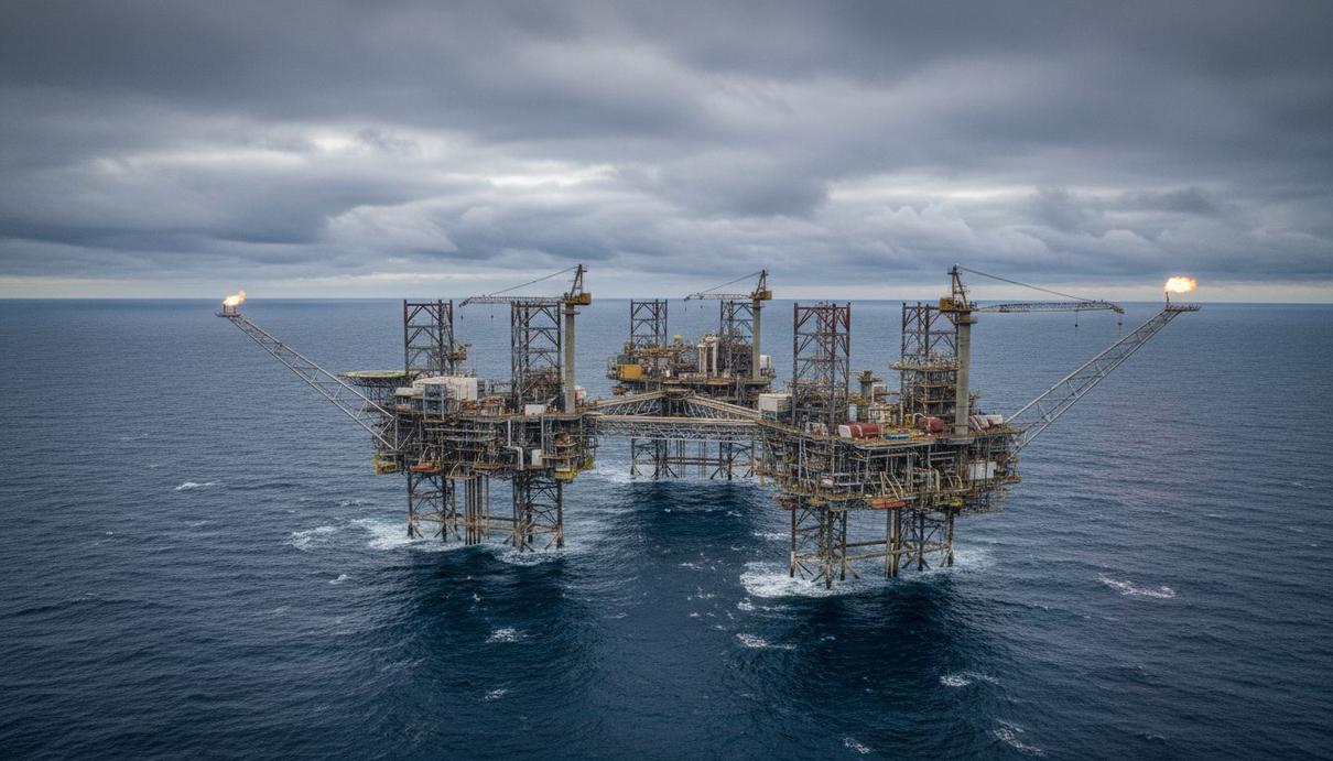 Equinor готовит четвертый этап освоения Johan Sverdrup в Северном море Морские нефтегазовые платформы месторождения Johan Sverdrup в Северном море. Промышленный комплекс в открытом море при пасмурной погоде.