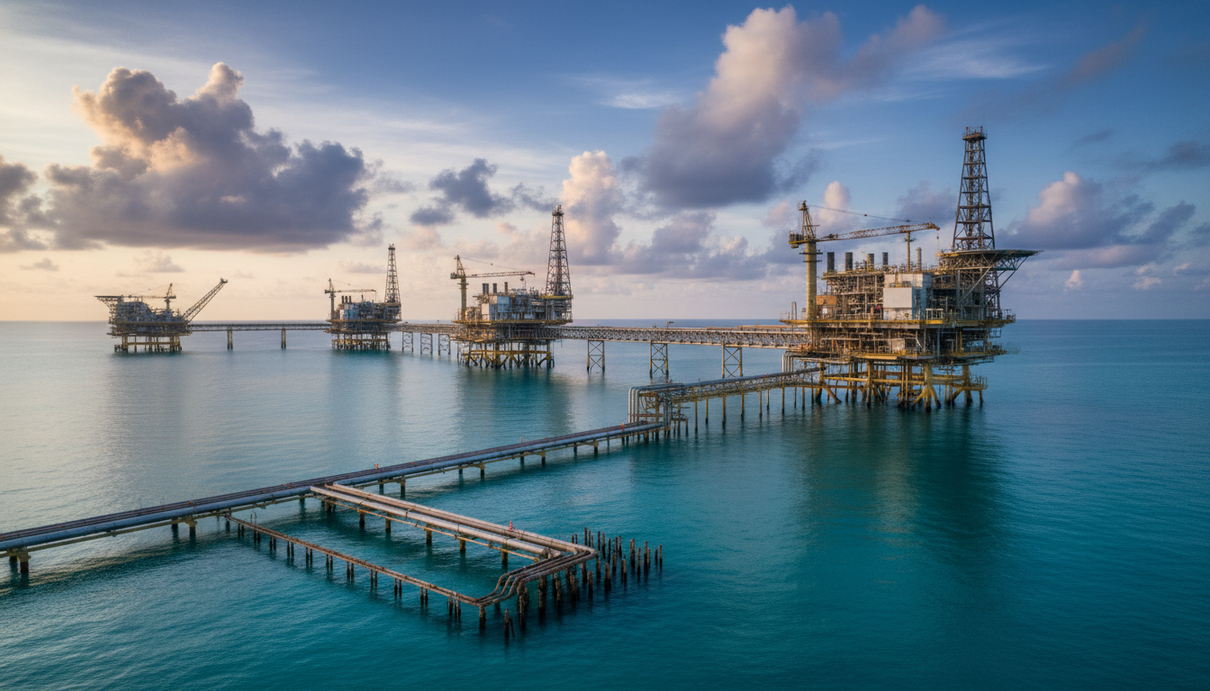 Морская газодобывающая платформа в океане. Комплекс промышленных сооружений для добычи газа на шельфе Западной Австралии.