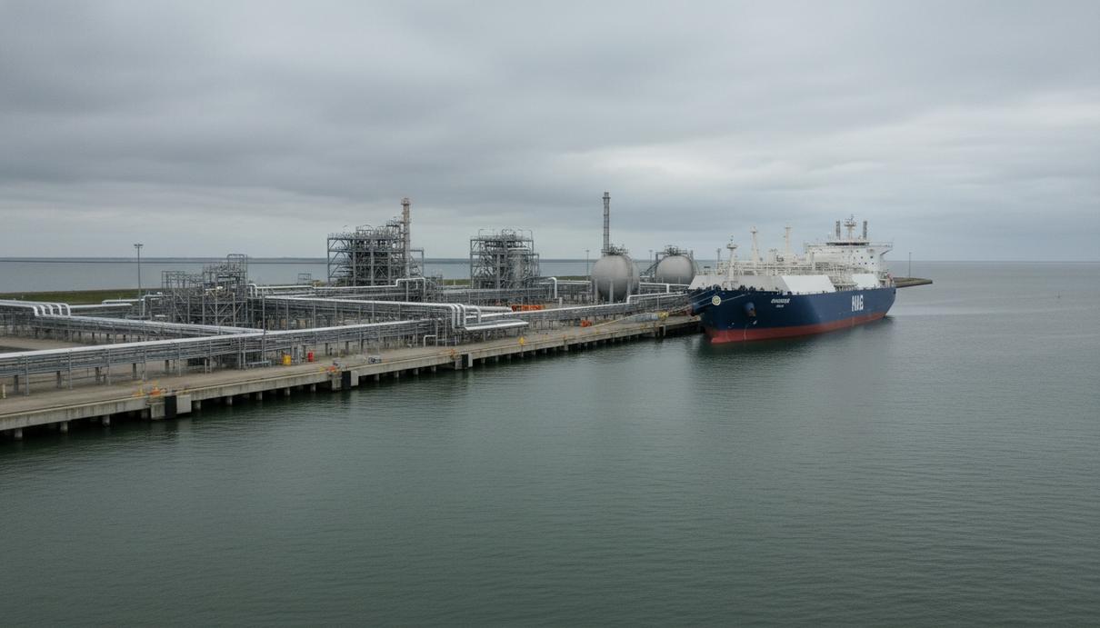 Плавучий СПГ-терминал и газовые трубопроводы в порту Эмсхавен в Нидерландах