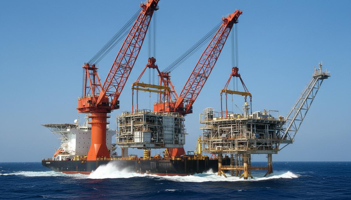 Saipem установила модуль утилизации газа на шельфе Ливии Крановое судно Saipem 7000 монтирует крупный металлический модуль на газовую платформу в открытом море