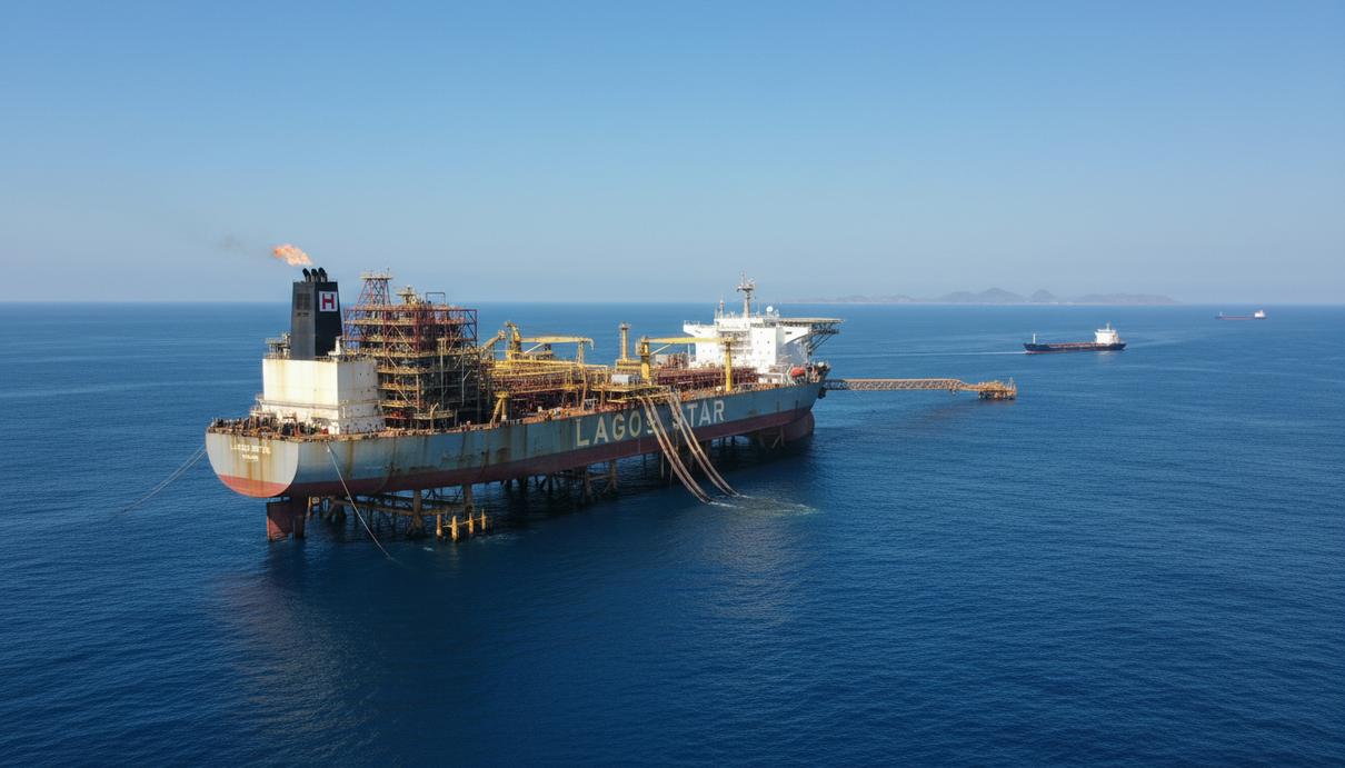 Плавучая нефтедобывающая установка FPSO в открытом океане у побережья Западной Африки под ясным небом