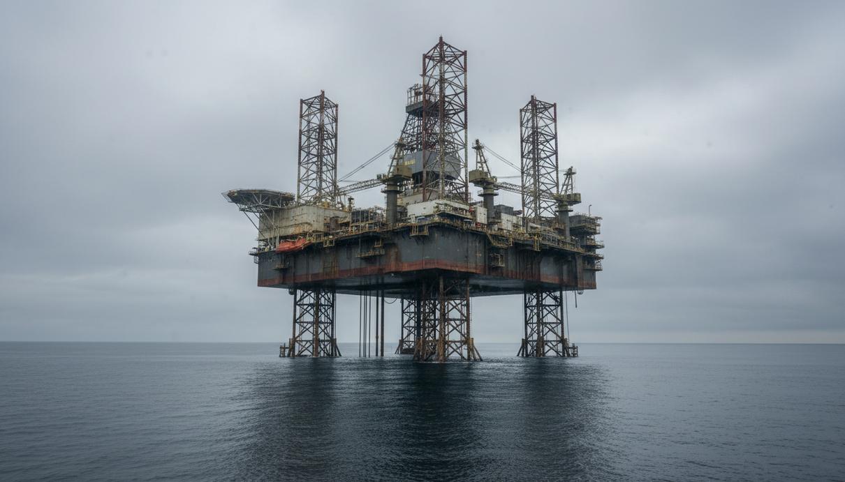 Полупогружная нефтяная буровая платформа в открытом море на фоне пасмурного неба