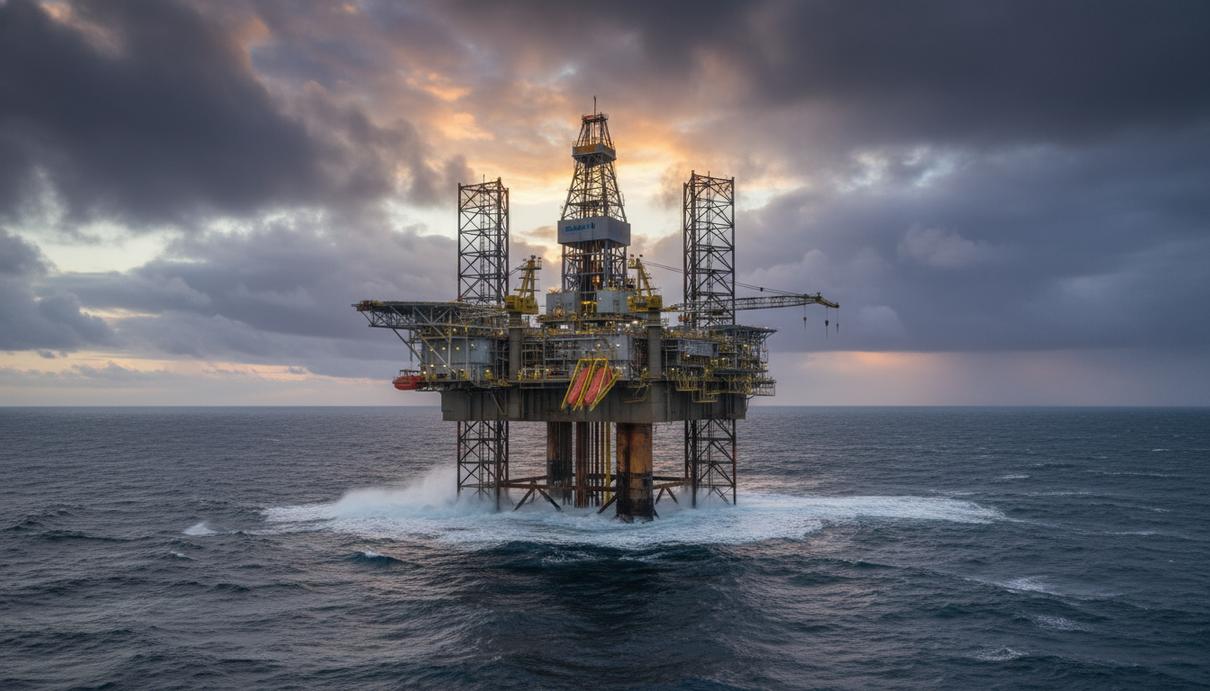 Полупогружная буровая установка «Deepsea Mira» в Атлантическом океане у побережья Намибии. Оффшорная платформа для добычи нефти в открытом море.