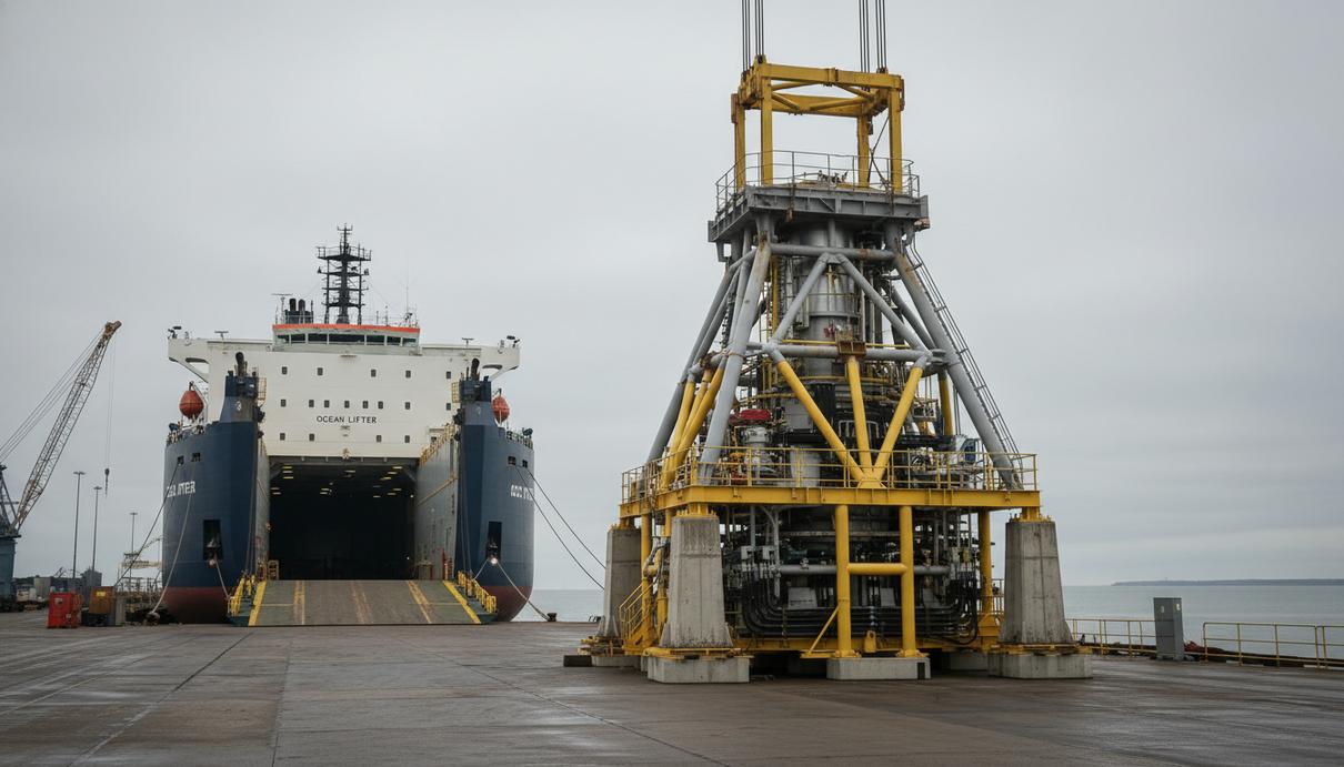 T12 Engineering отгрузила в Норвегию 60-тонное подводное основание Крупная подводная опорная конструкция гравитационного типа на причале в промышленном порту перед отгрузкой на судно.