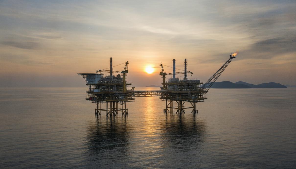 Британская EnQuest купит малайзийские активы за $833 млн Морская нефтегазовая платформа в море у побережья Малайзии на рассвете.