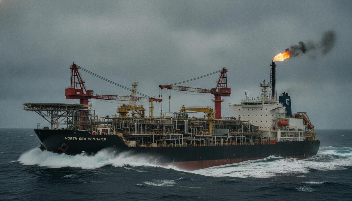 Плавучая установка для добычи, хранения и отгрузки нефти (FPSO) в Северном море в пасмурную погоду.