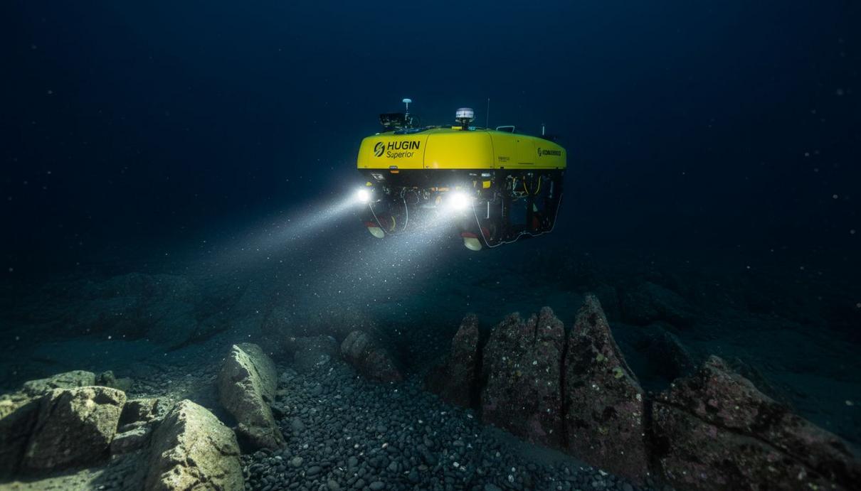 Жёлтый автономный подводный аппарат HUGIN Superior исследует морское дно на большой глубине в Норвежском море.
