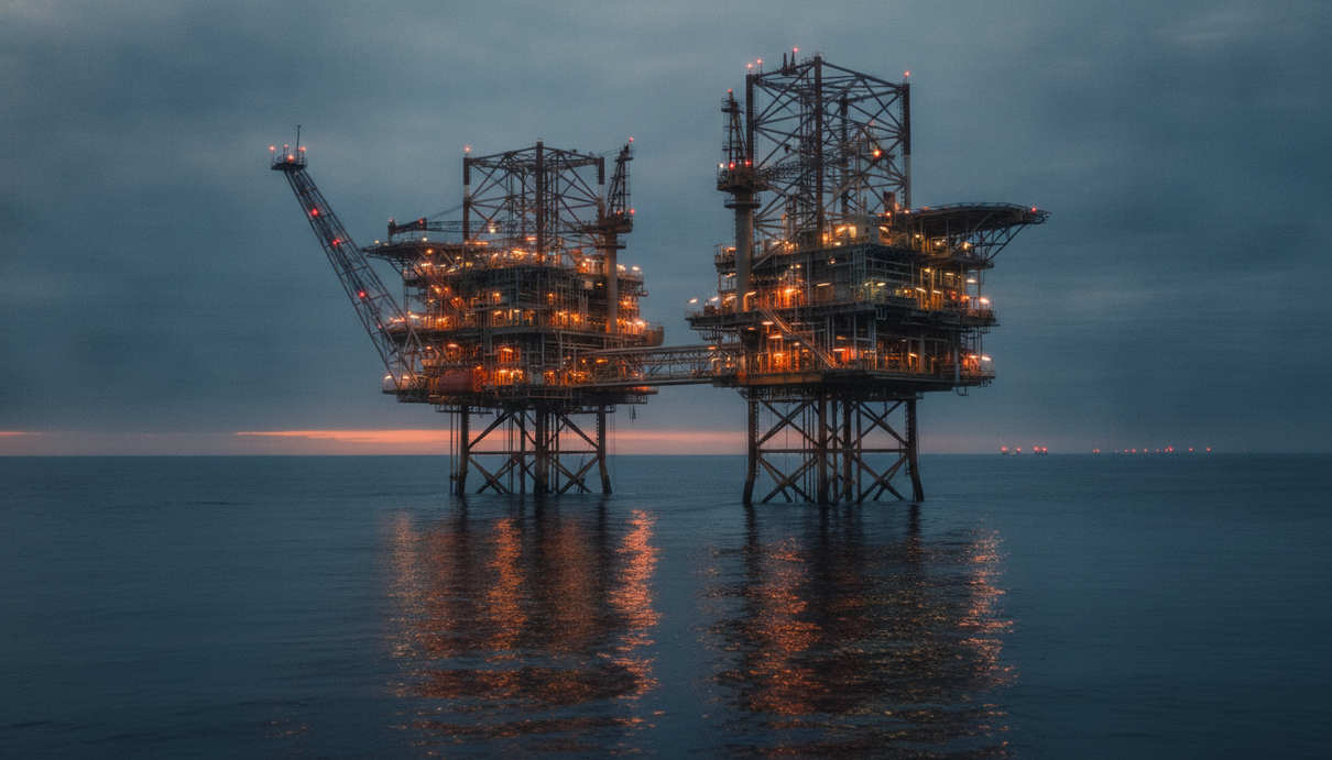 Буровая нефтяная платформа на шельфе Северного моря в вечерних сумерках