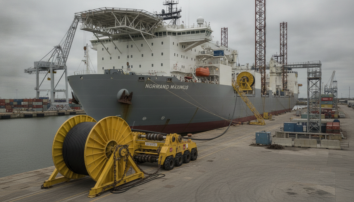 MDL подготовила оборудование Saipem для проекта ExxonMobil в Гайане Морское строительное судно Normand Maximus у причала в порту. На палубу с помощью специального оборудования перематывают шлангокабель.