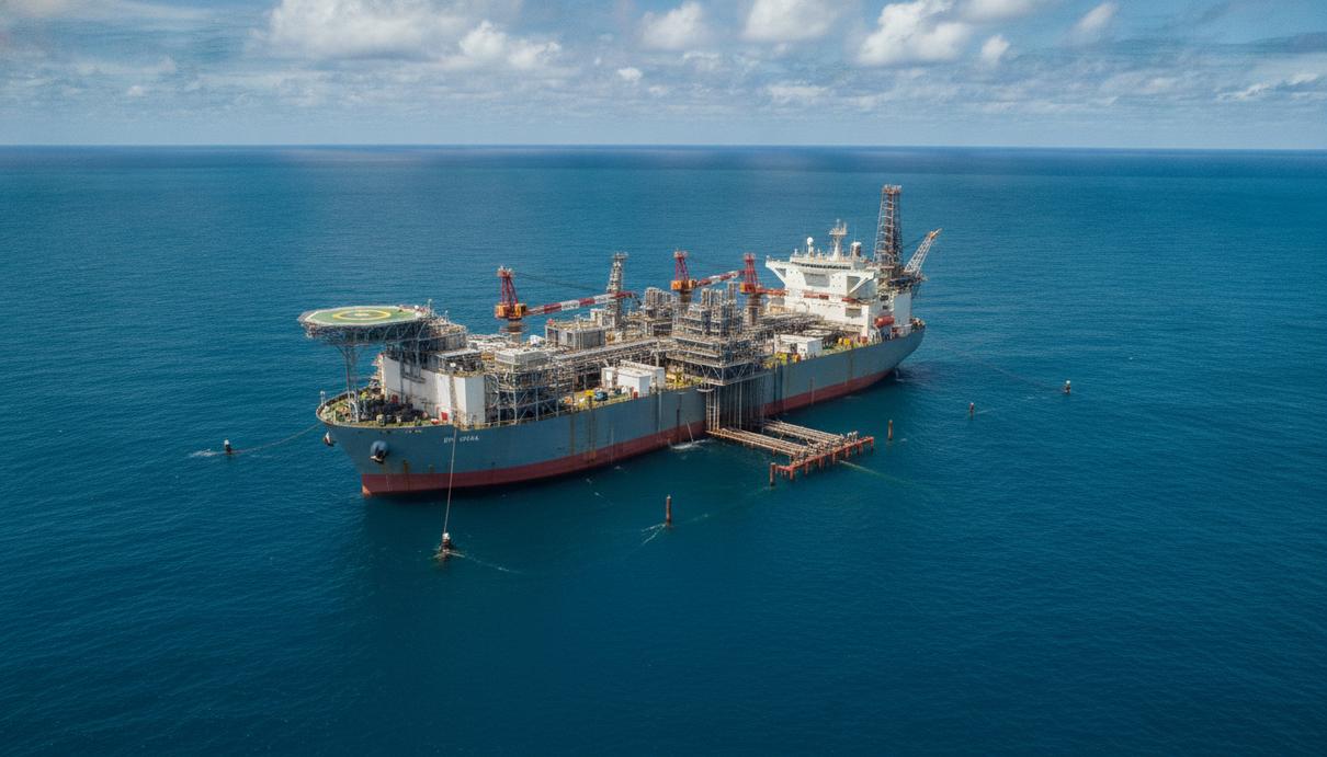Плавучая установка FPSO BW Opal на газовом месторождении Barossa в океане. Вид с воздуха на промышленный объект в море.
