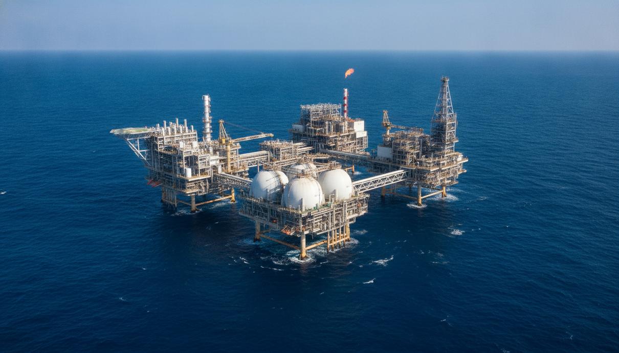 Морская платформа по производству сжиженного природного газа (СПГ) в открытом океане в ясный день.