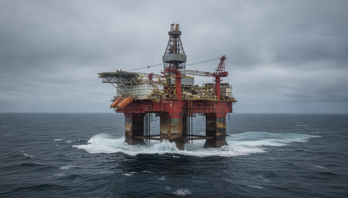 Полупогружная буровая установка Transocean Encourage в Норвежском море на фоне пасмурного неба.