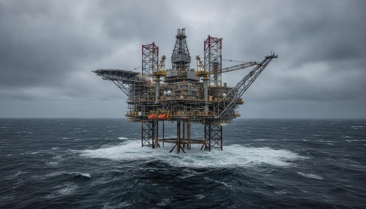 Морская нефтегазовая платформа на норвежском континентальном шельфе в Северном море. Стальная конструкция на фоне облачного неба.