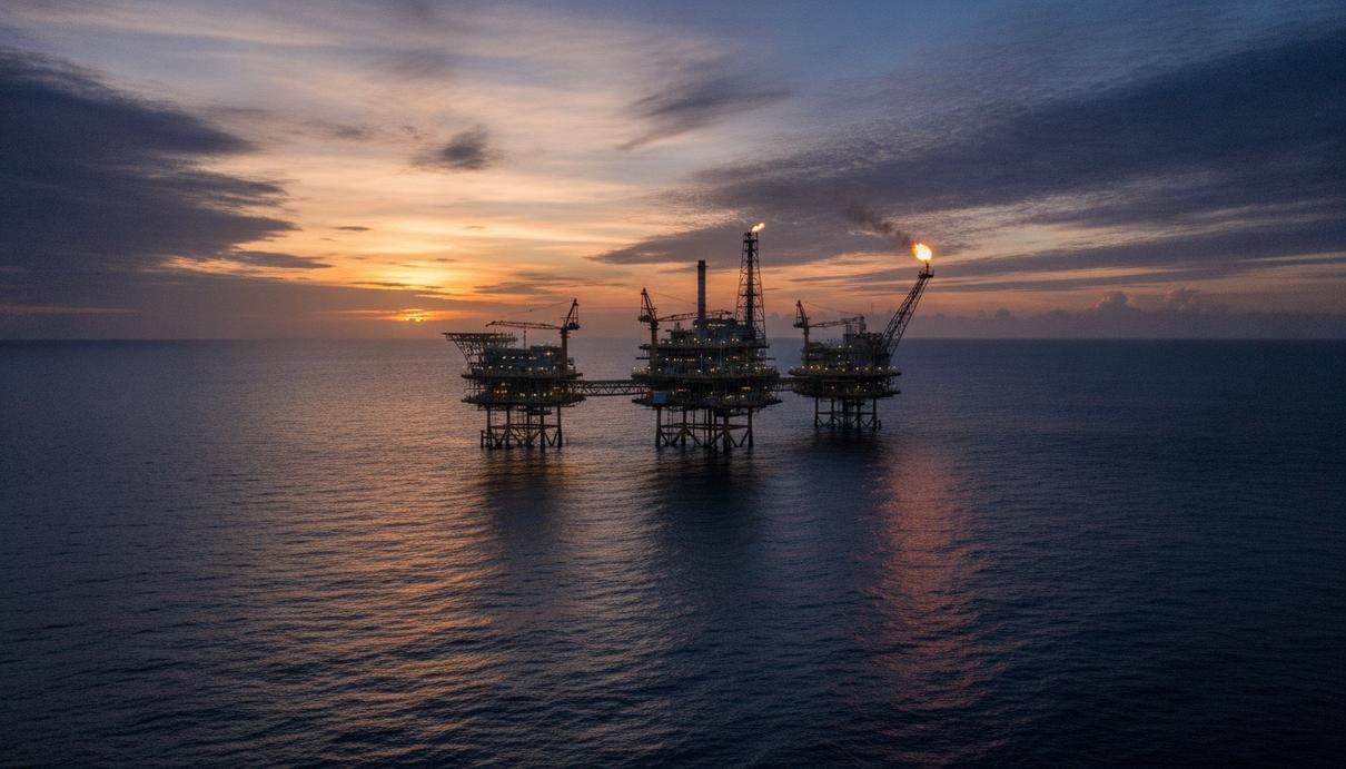 Контракт Sunda Energy в Восточном Тиморе оказался под угрозой расторжения Морская газодобывающая платформа в Тиморском море на фоне заката. Обширный океан и облачное небо.