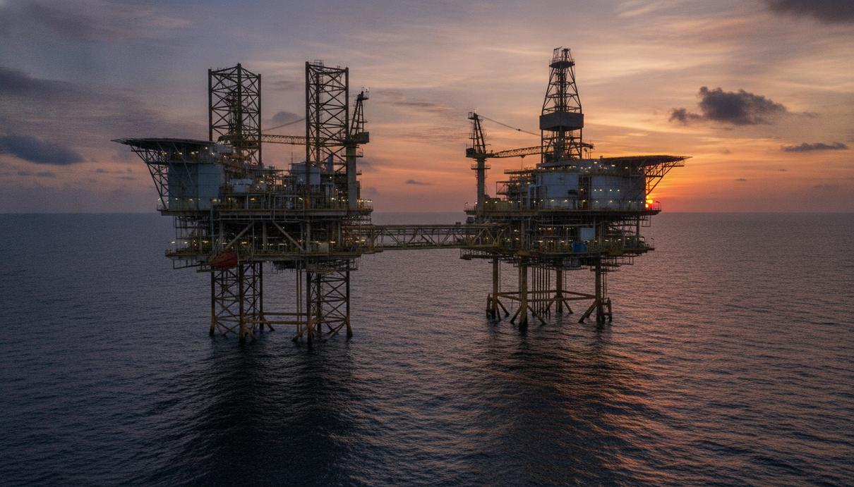 Морская нефтегазовая платформа в Мексиканском заливе на фоне заката, вид с большого расстояния.