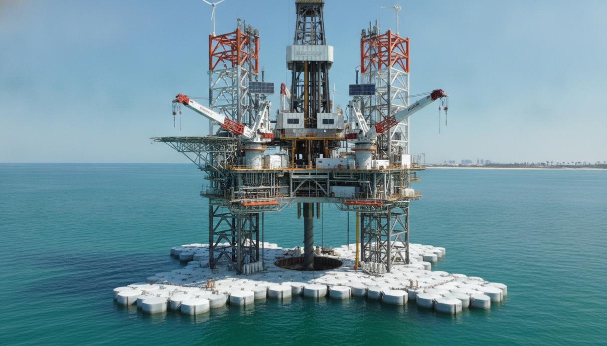 Морская самоходная буровая установка AD-300 на искусственном острове в ОАЭ. Высокотехнологичная платформа для добычи нефти.