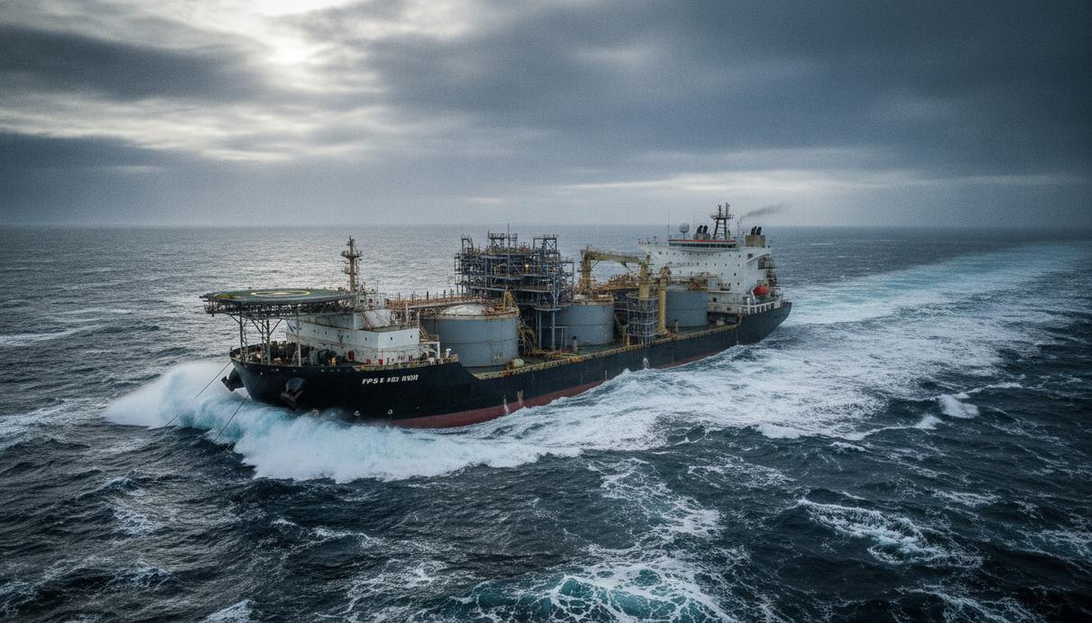 Плавучая нефтегазовая платформа (FPSO) в Баренцевом море в условиях арктической погоды.