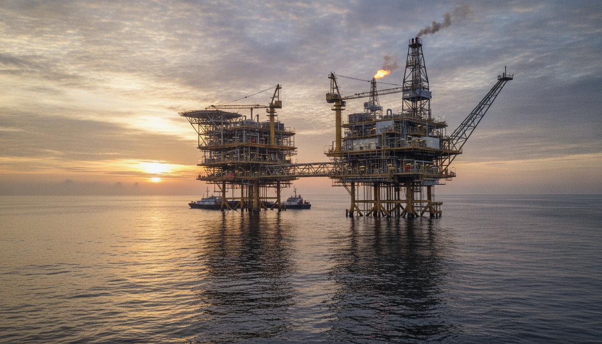 Морская газодобывающая платформа в море у побережья Вьетнама. Промышленный объект с трубами и металлоконструкциями на рассвете.