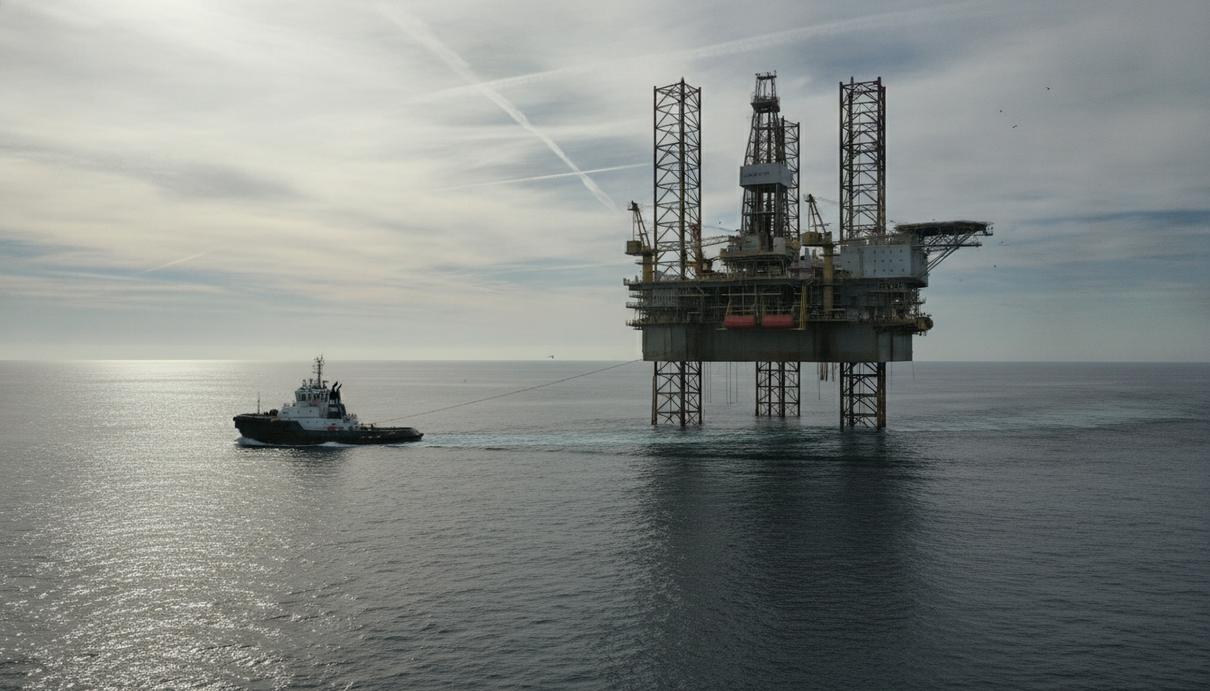 Морская самоподъемная буровая установка на буксире у судна в открытом море.