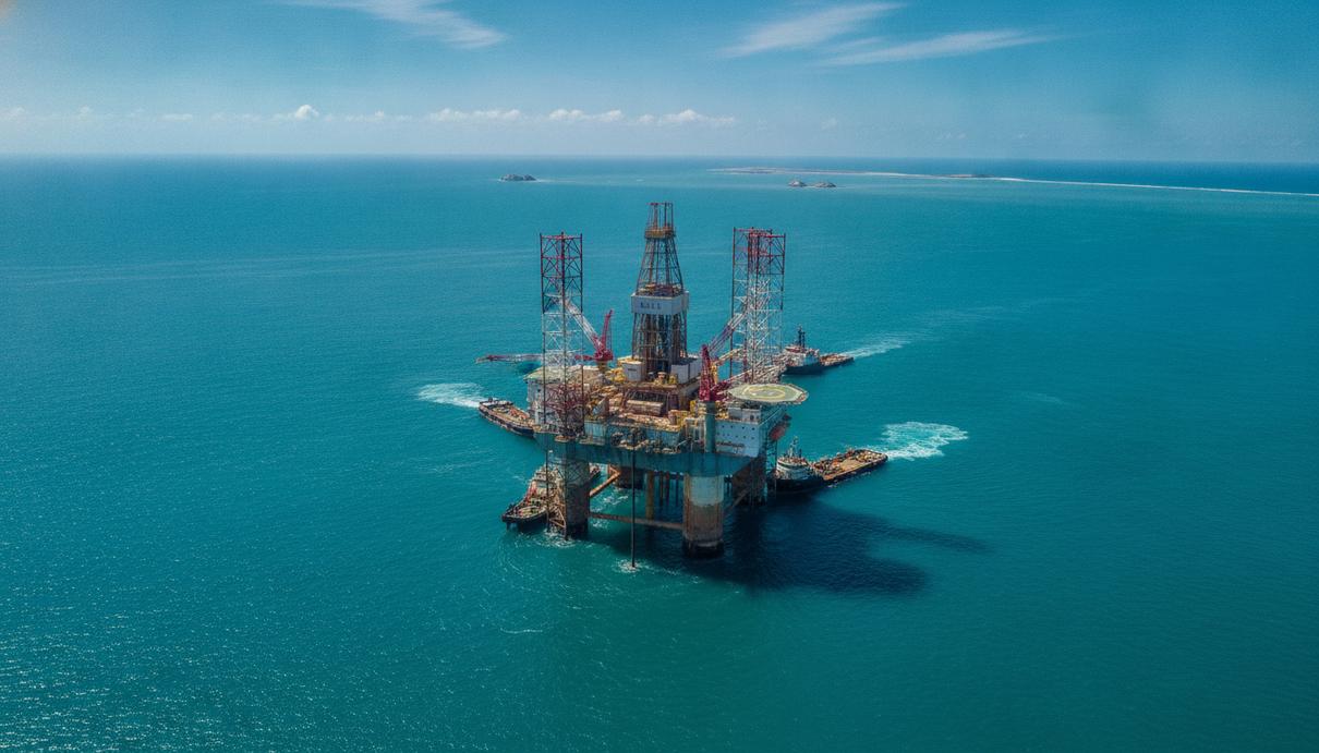 Полупогружная морская буровая платформа в Атлантическом океане у побережья Намибии.