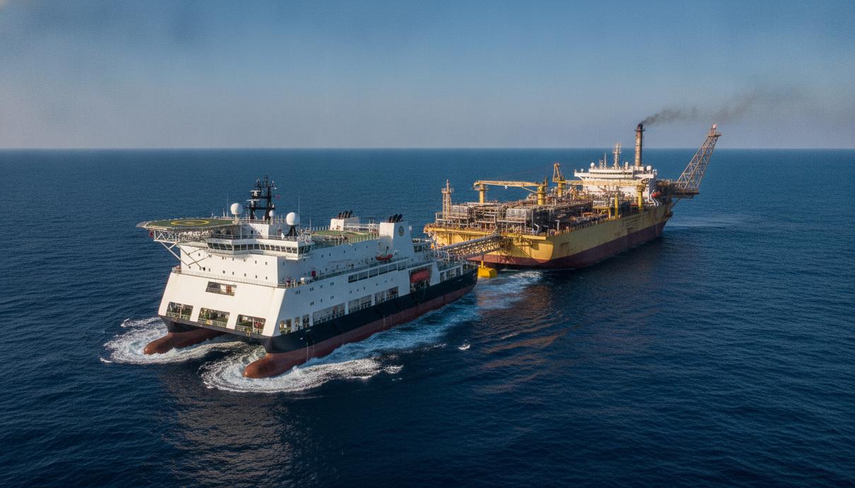 Плавучая гостиница Nor Spirit рядом с нефтедобывающей платформой FPSO в открытом море у побережья Анголы.