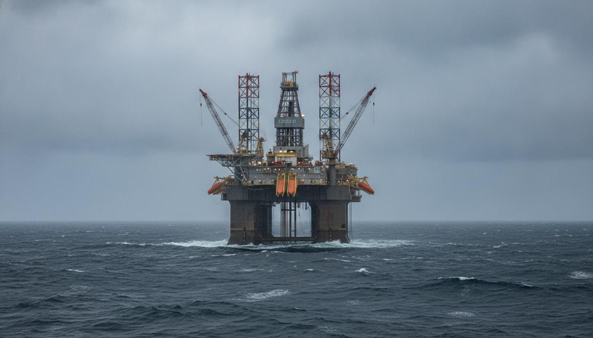 Полупогружная буровая платформа «Deepsea Bergen» в Северном море. Нефтегазовая вышка работает в неспокойных водах под пасмурным небом.