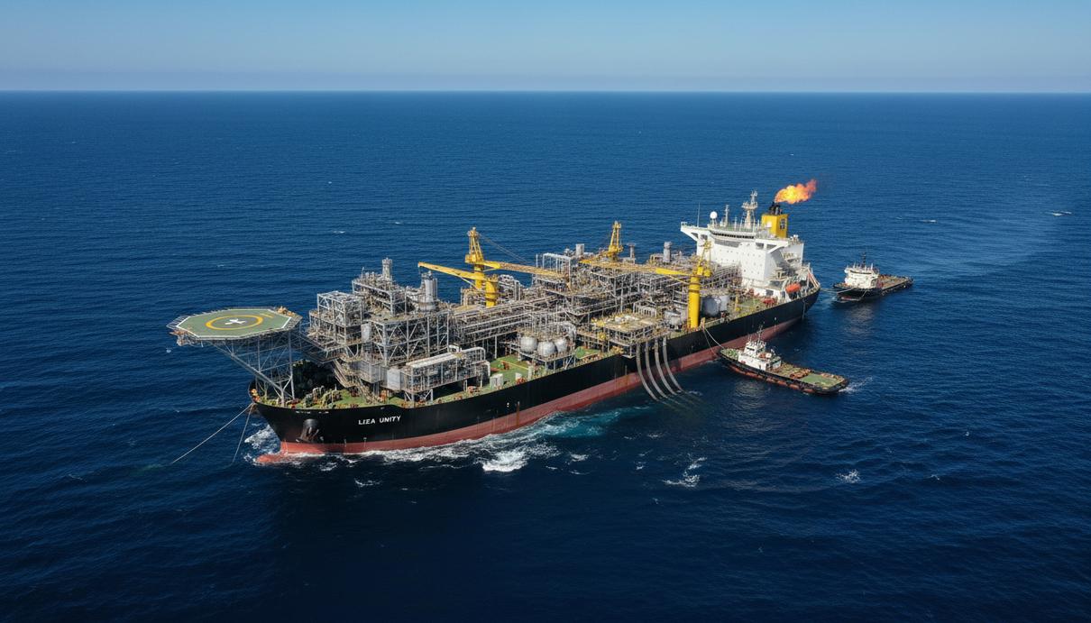 Плавучая установка для добычи, хранения и отгрузки нефти (FPSO) в Атлантическом океане на шельфе Анголы.