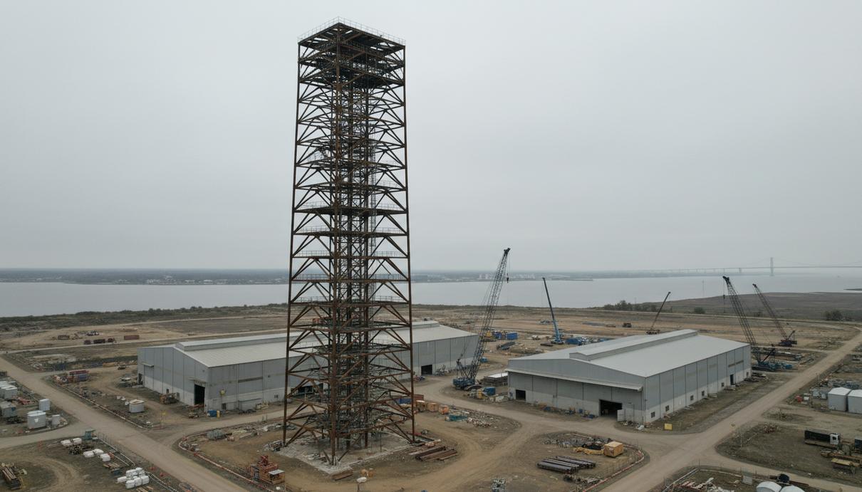 Высокая промышленная башня на строительной площадке нового завода по производству подводных кабелей в Чесапике, штат Виргиния.